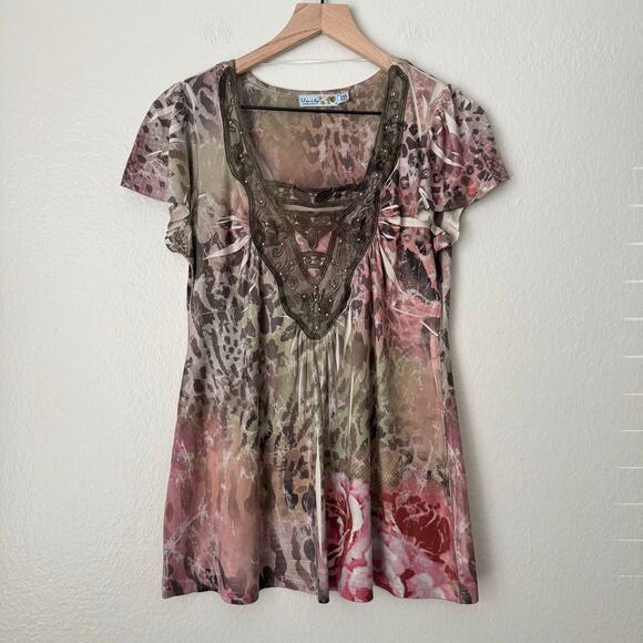 Y2K Unity World Wear Womens Pink Top Cut Out Short Sleeve Size Petite Medium - Picture 1 of 10